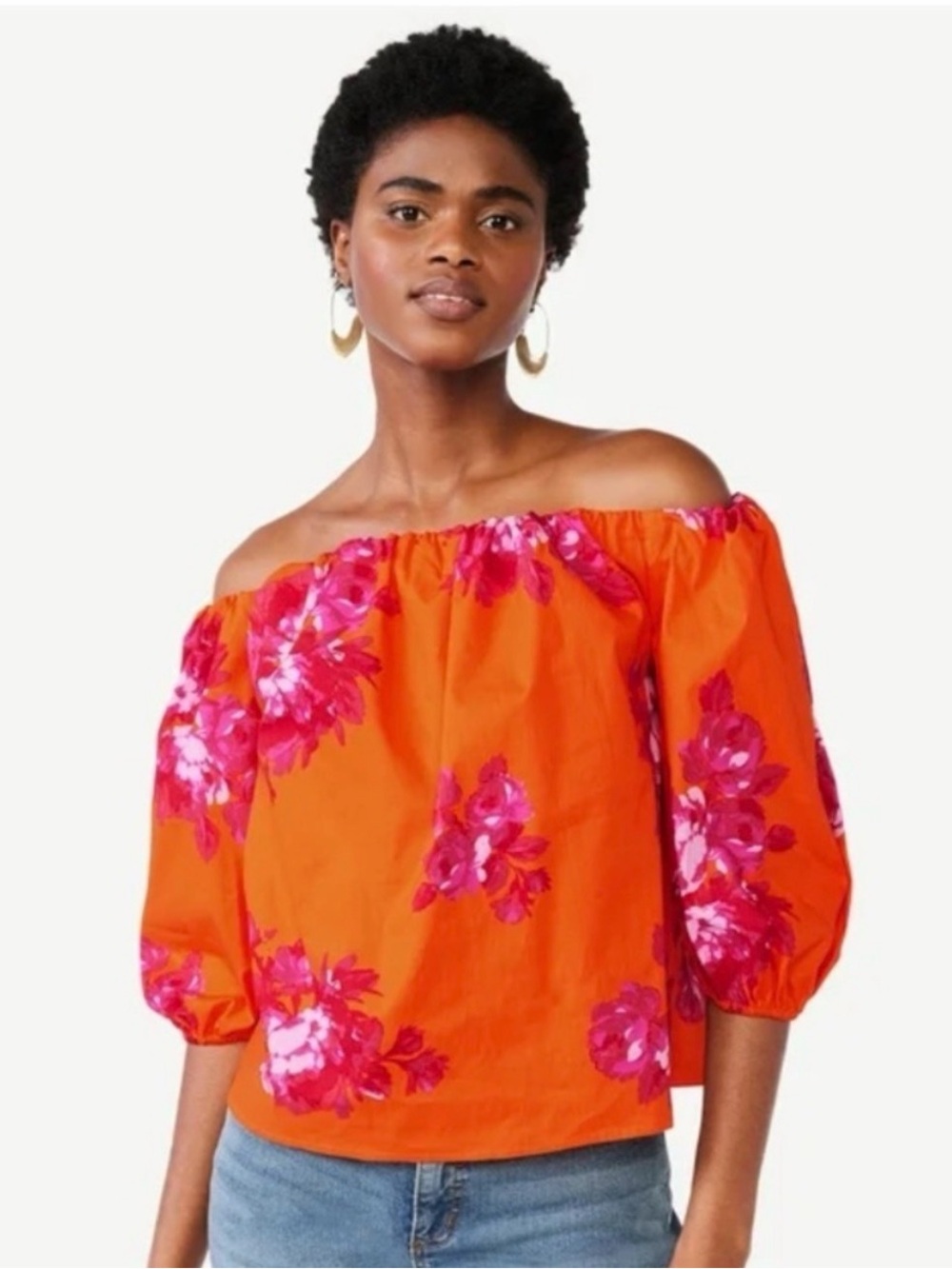Scoop NYC Orange Puff Sleeve Floral Blouse with Pink Flowers